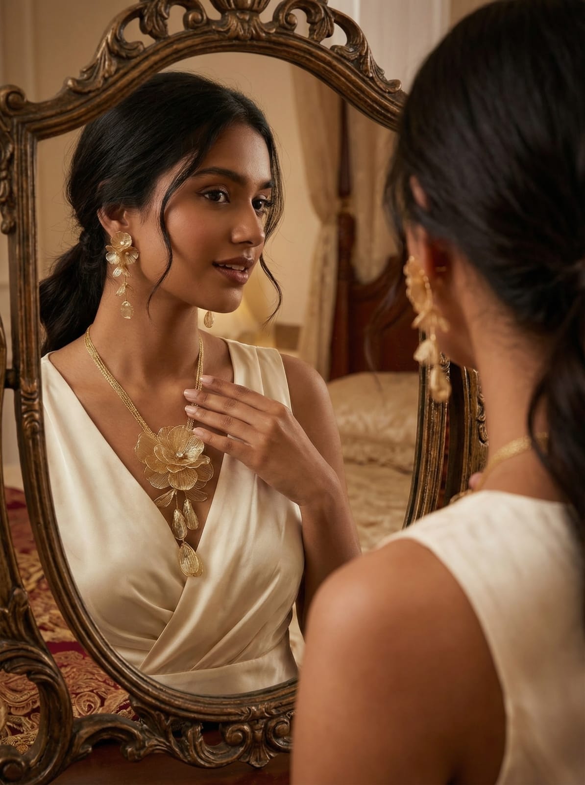 Golden Bloom Luxe Set – Floral Mesh Necklace & Long Earrings