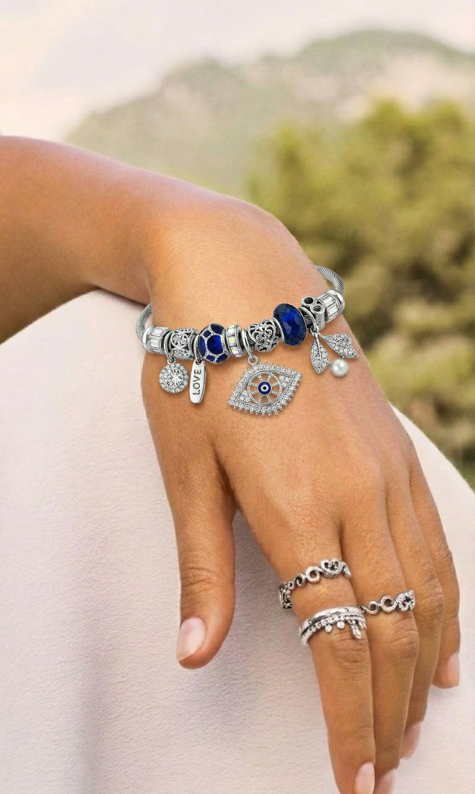 Midnight Aura – Blue Crystal Evil Eye Charm Bracelet