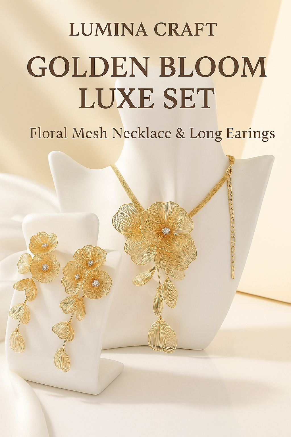 Golden Bloom Luxe Set – Floral Mesh Necklace & Long Earrings
